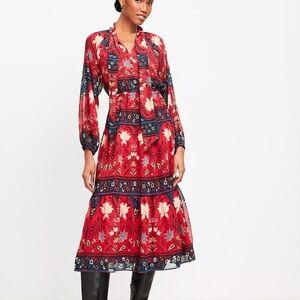 NEW Women's LOFT Red Navy Floral Bohemian Midi Dress Small